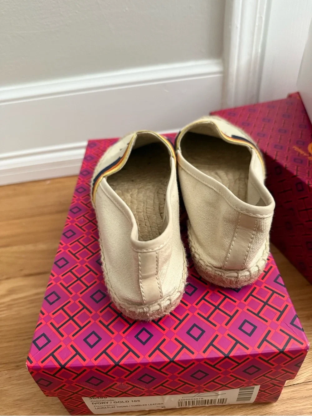 Tory Burch Cream Canvas Espadrilles with Navy Logo and Orange & Yellow Trim